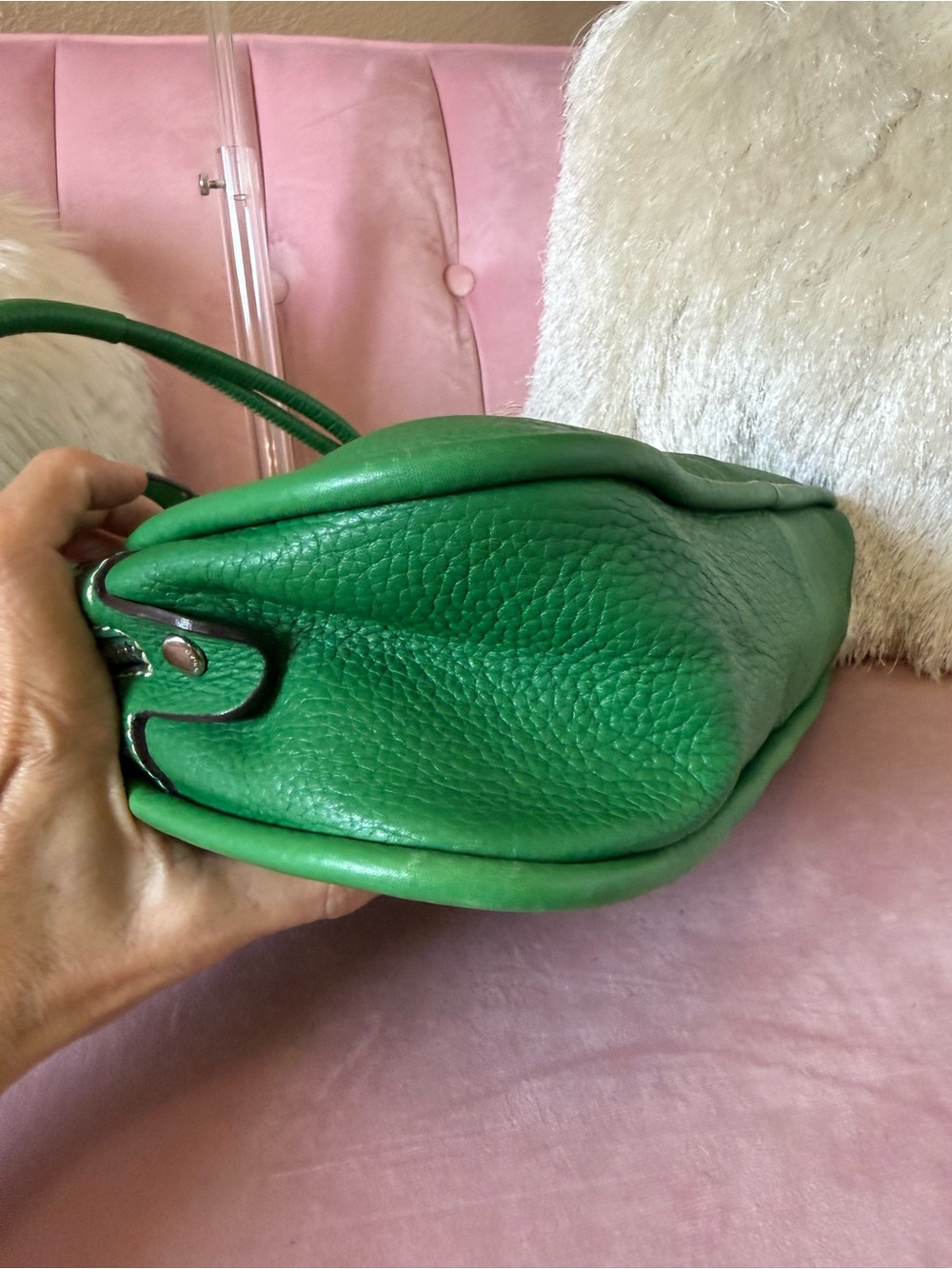 HOGAN Kelly Green Leather Dome Satchel Bag w Knots &Loop Details Silver Hardware - Picture 9 of 16